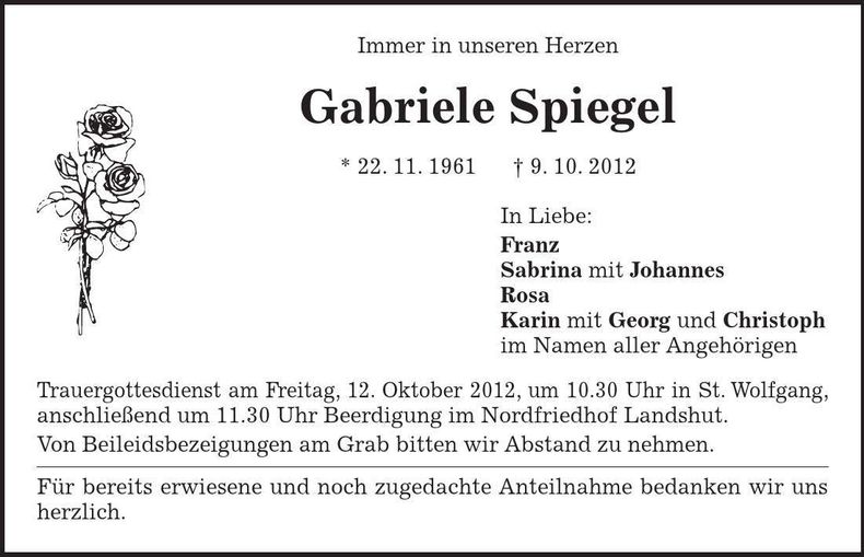 Traueranzeige Gabriele Spiegel