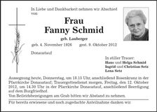 Traueranzeige Fanny Schmid