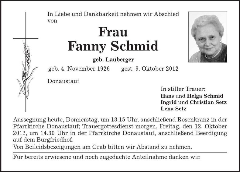 Traueranzeige Fanny Schmid