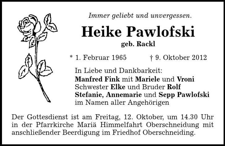 Traueranzeige Heike Pawlofsky