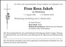 Traueranzeige Rosa Jakob