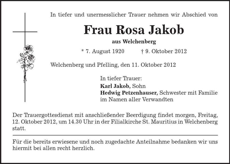 Traueranzeige Rosa Jakob