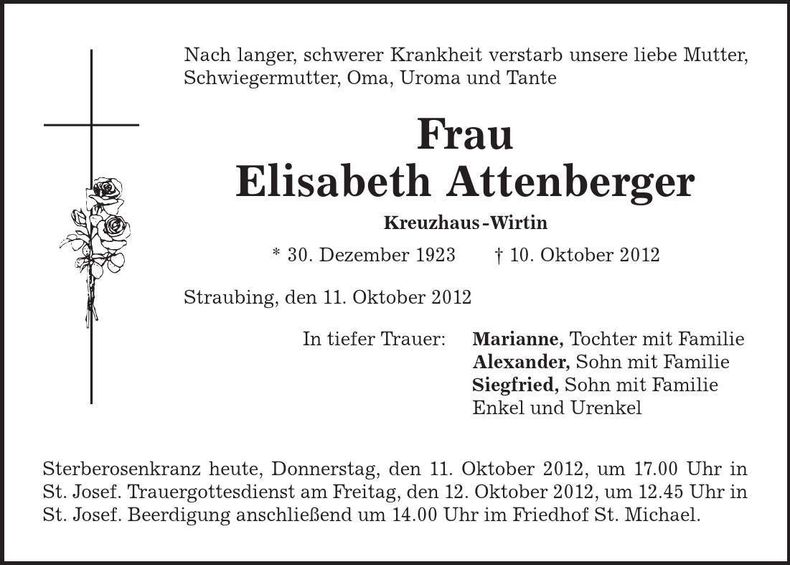 Traueranzeige Elisabeth Attenberger