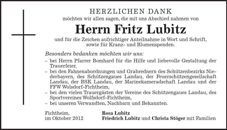 Traueranzeige Fritz Lubitz