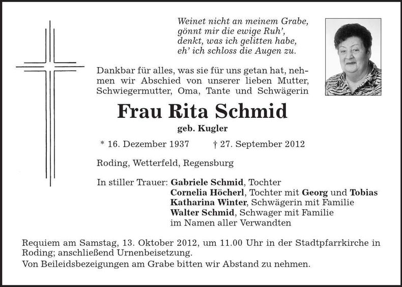 Traueranzeige Rita Schmid