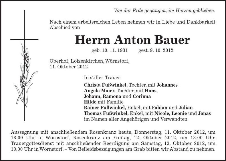 Traueranzeige Anton Bauer