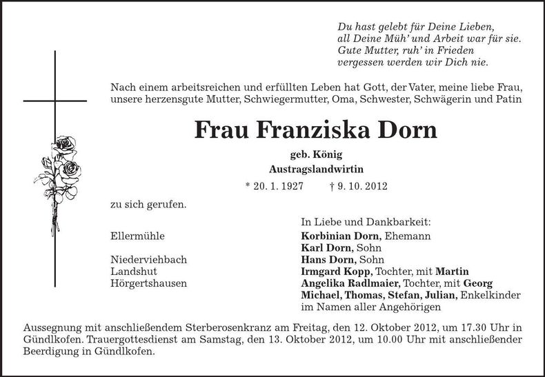 Traueranzeige Franziska Dorn