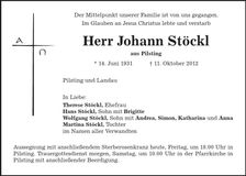 Traueranzeige Johann Stöckl