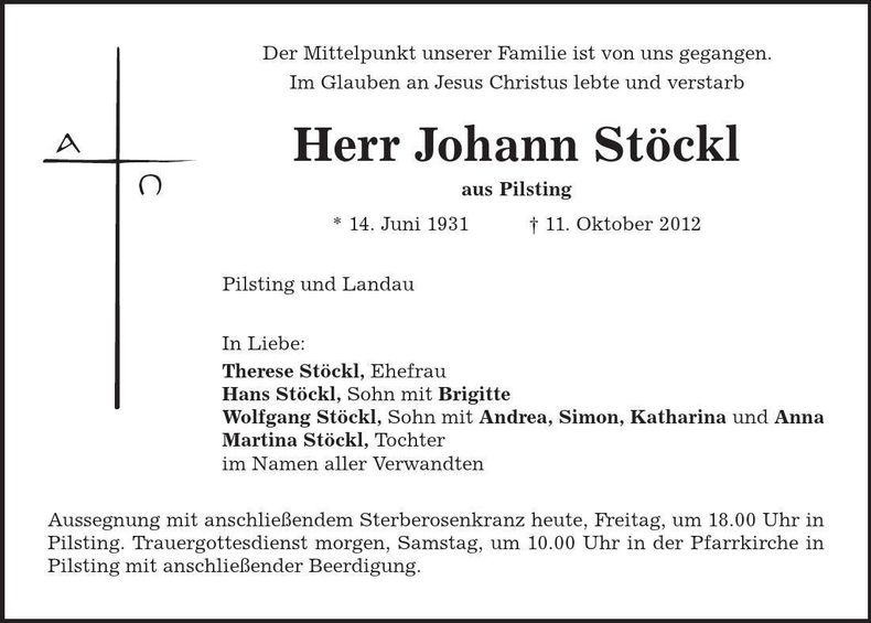 Traueranzeige Johann Stöckl