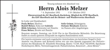 Traueranzeige Alois Melzer