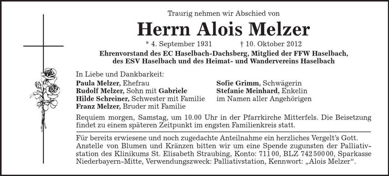 Traueranzeige Alois Melzer