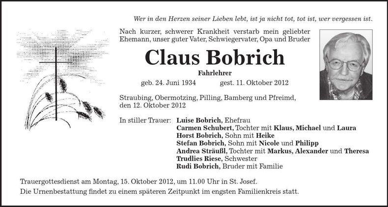 Traueranzeige Claus Bobrich