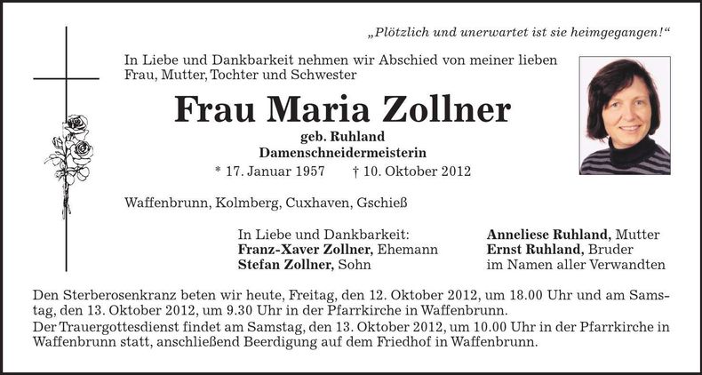 Traueranzeige Maria Zollner