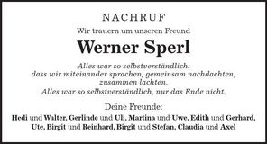 Traueranzeige Werner Sperl