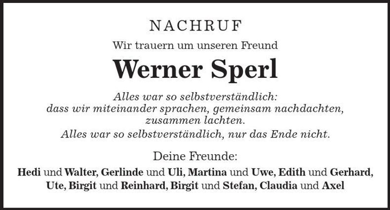 Traueranzeige Werner Sperl