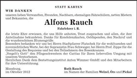 Traueranzeige Alfons Rauch