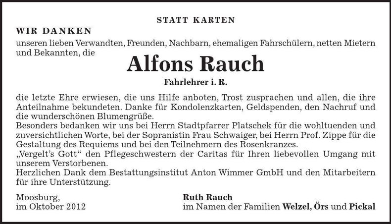 Traueranzeige Alfons Rauch