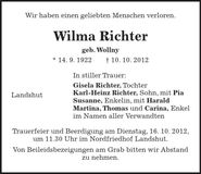 Traueranzeige wilma Richter