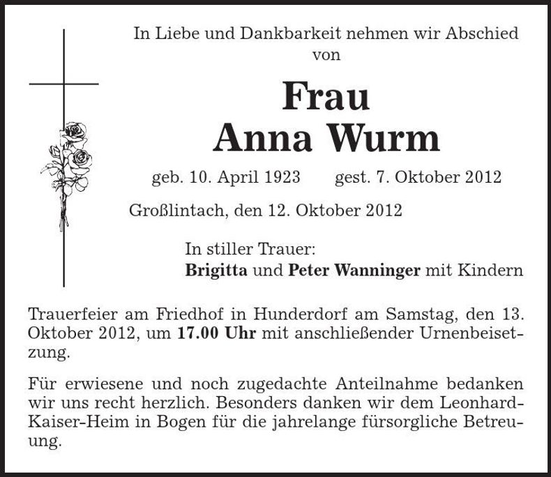 Traueranzeige Anna Wurm