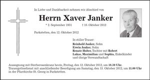 Traueranzeige Xaver Janker