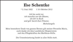 Traueranzeige Ilse Schentke