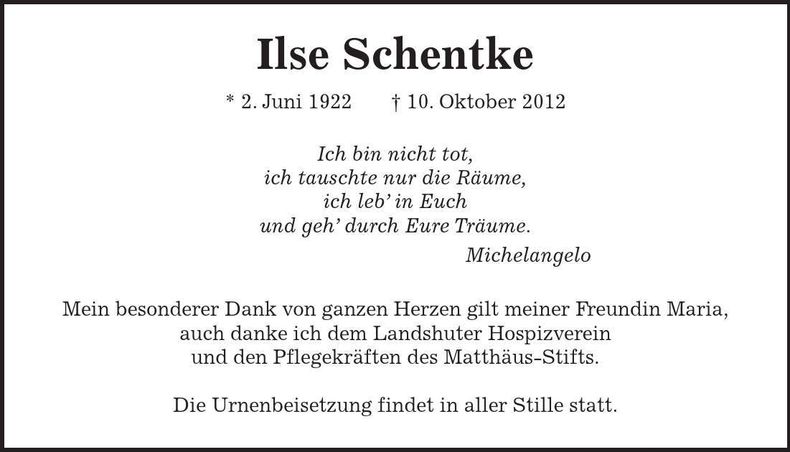 Traueranzeige Ilse Schentke