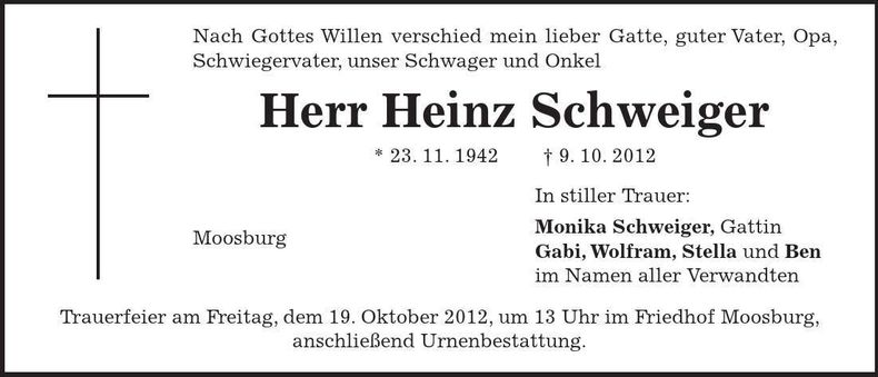 Traueranzeige Heinz Schweiger