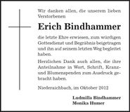 Traueranzeige Erich Bindhammer