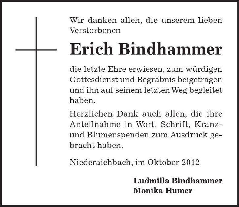 Traueranzeige Erich Bindhammer