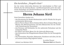 Traueranzeige Johann Sirtl