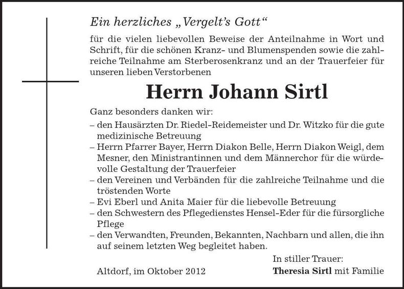 Traueranzeige Johann Sirtl