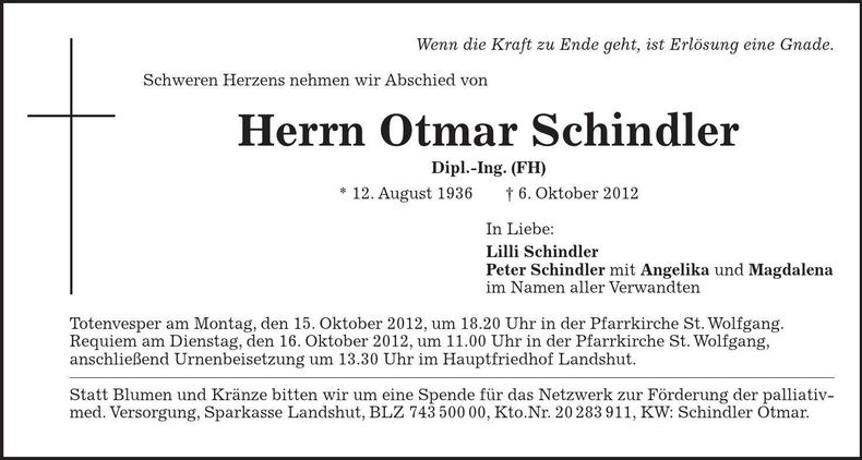 Traueranzeige Otmar Schindler