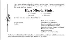 Traueranzeige Nicola Sinisi