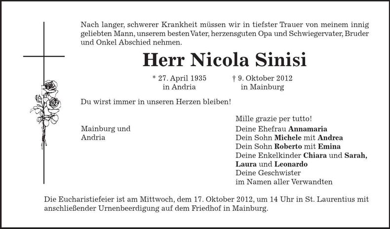 Traueranzeige Nicola Sinisi
