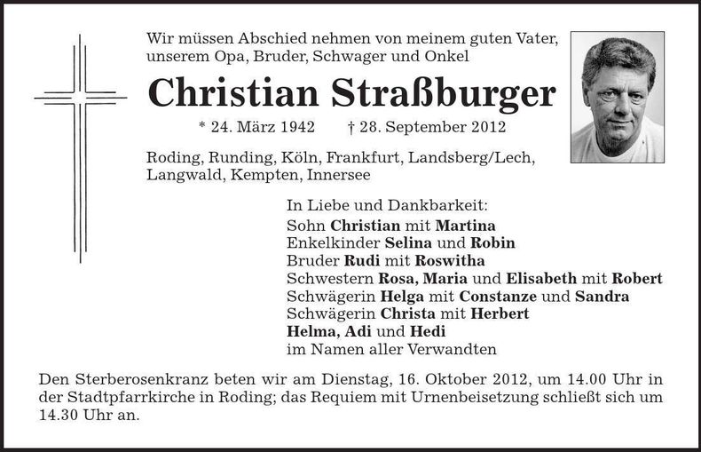 Traueranzeige Christian Straßburger