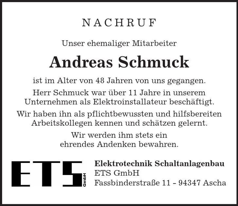 Traueranzeige Andreas Schmuck
