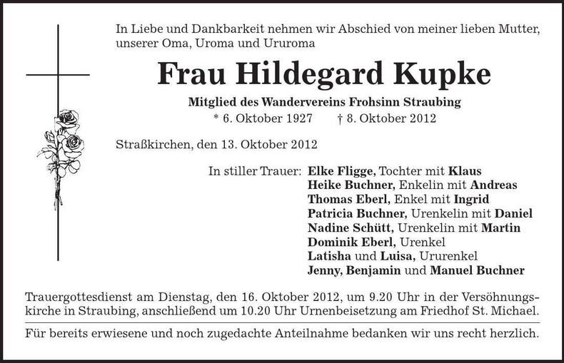Traueranzeige Hildegard Kupke