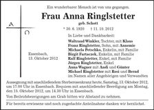 Traueranzeige Anna Ringlstetter