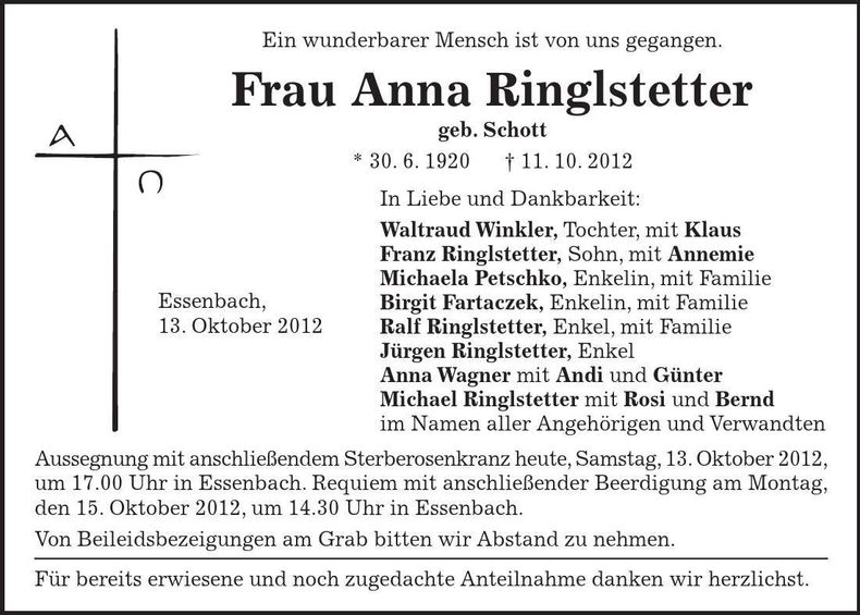 Traueranzeige Anna Ringlstetter