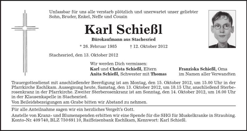 Traueranzeige Karl Schießl