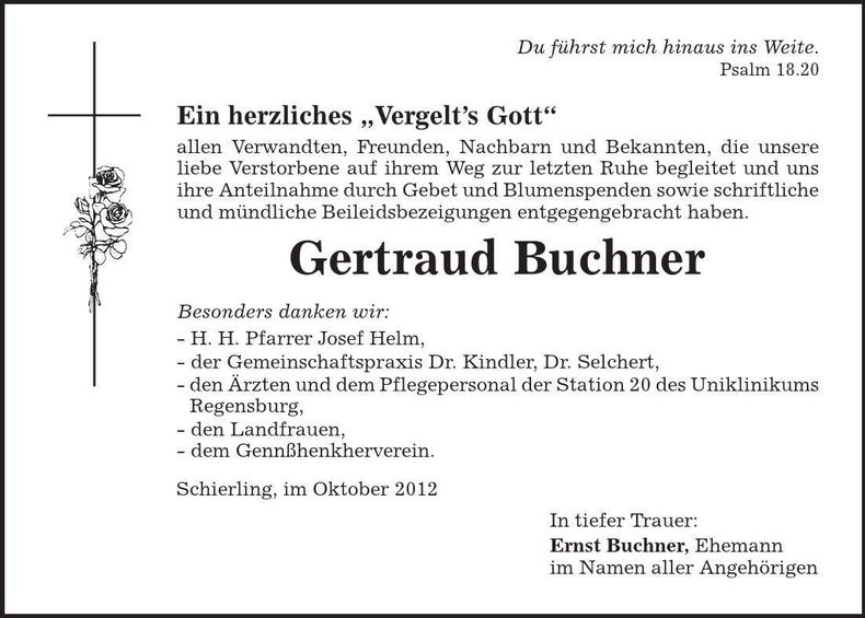 Traueranzeige Gertraud Buchner