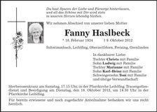 Traueranzeige Fanny Haslbeck
