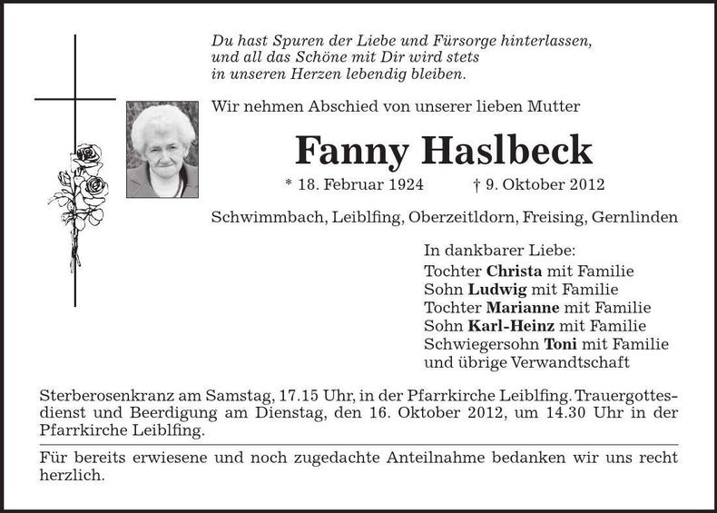 Traueranzeige Fanny Haslbeck