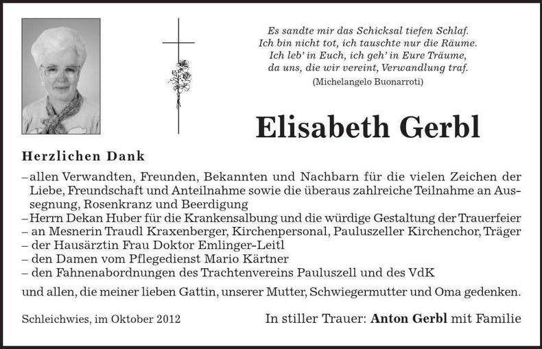 Traueranzeige Elisabeth Gerbl