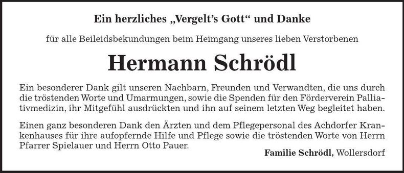 Traueranzeige Hermann Schrödl