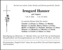 Traueranzeige Irmgard Hanner