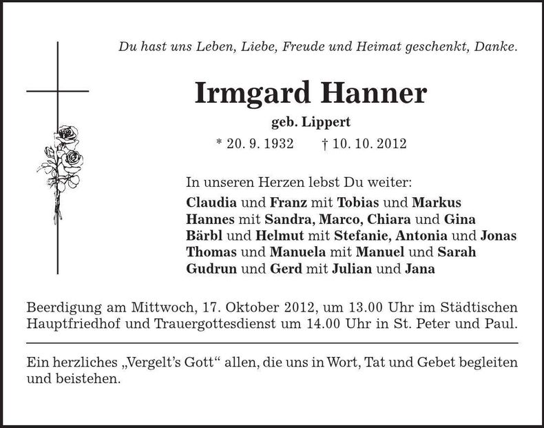 Traueranzeige Irmgard Hanner