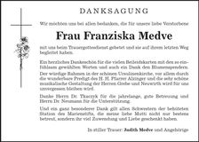 Traueranzeige Franziska Medve