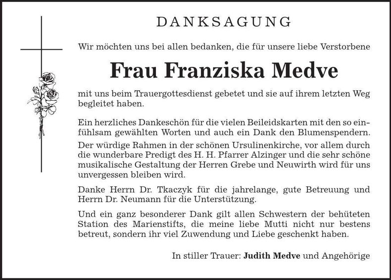 Traueranzeige Franziska Medve