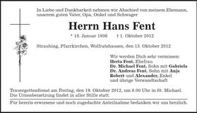 Traueranzeige Hans Fent